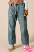 Braided Waist Belt Drip Paint Washed Denim Pants