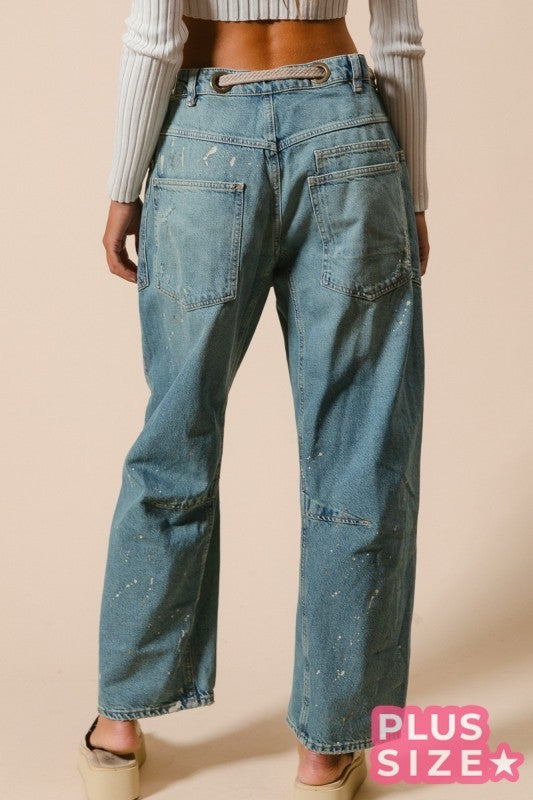 Braided Waist Belt Drip Paint Washed Denim Pants