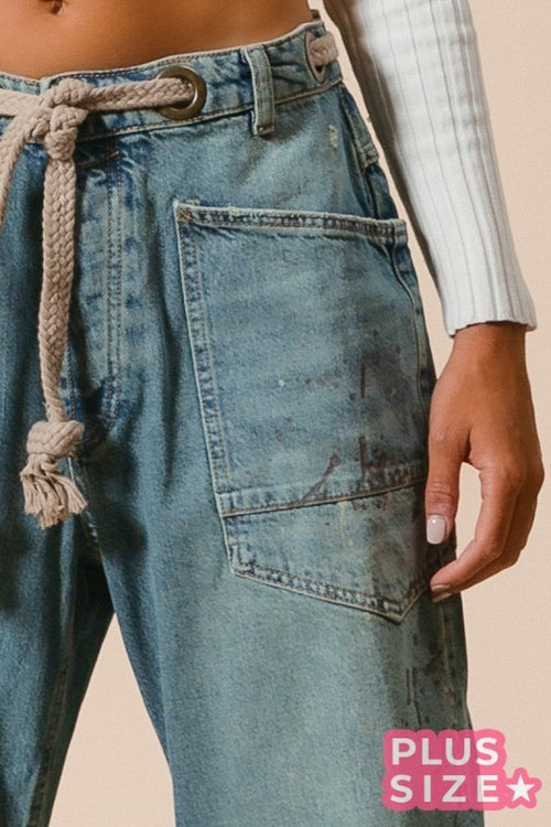 Braided Waist Belt Drip Paint Washed Denim Pants