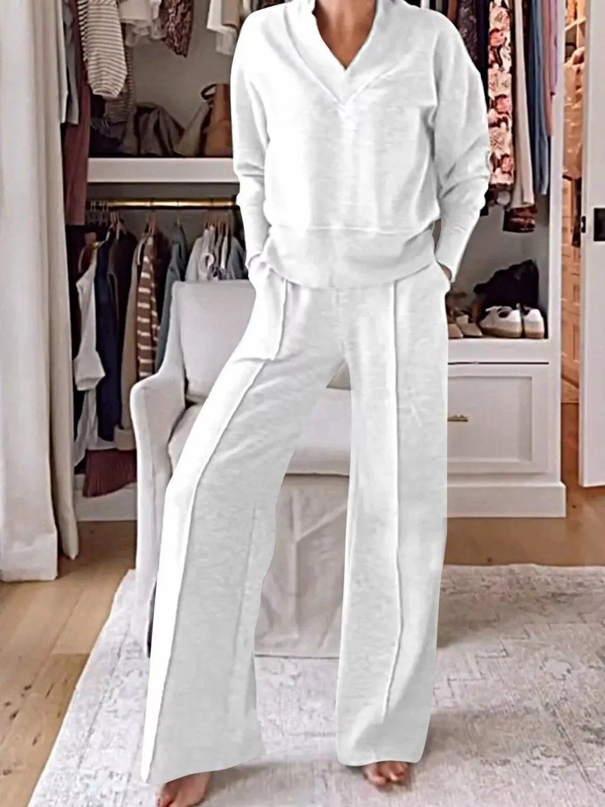 Full Size Cozy V-Neck Top and Pants Set Plus Size